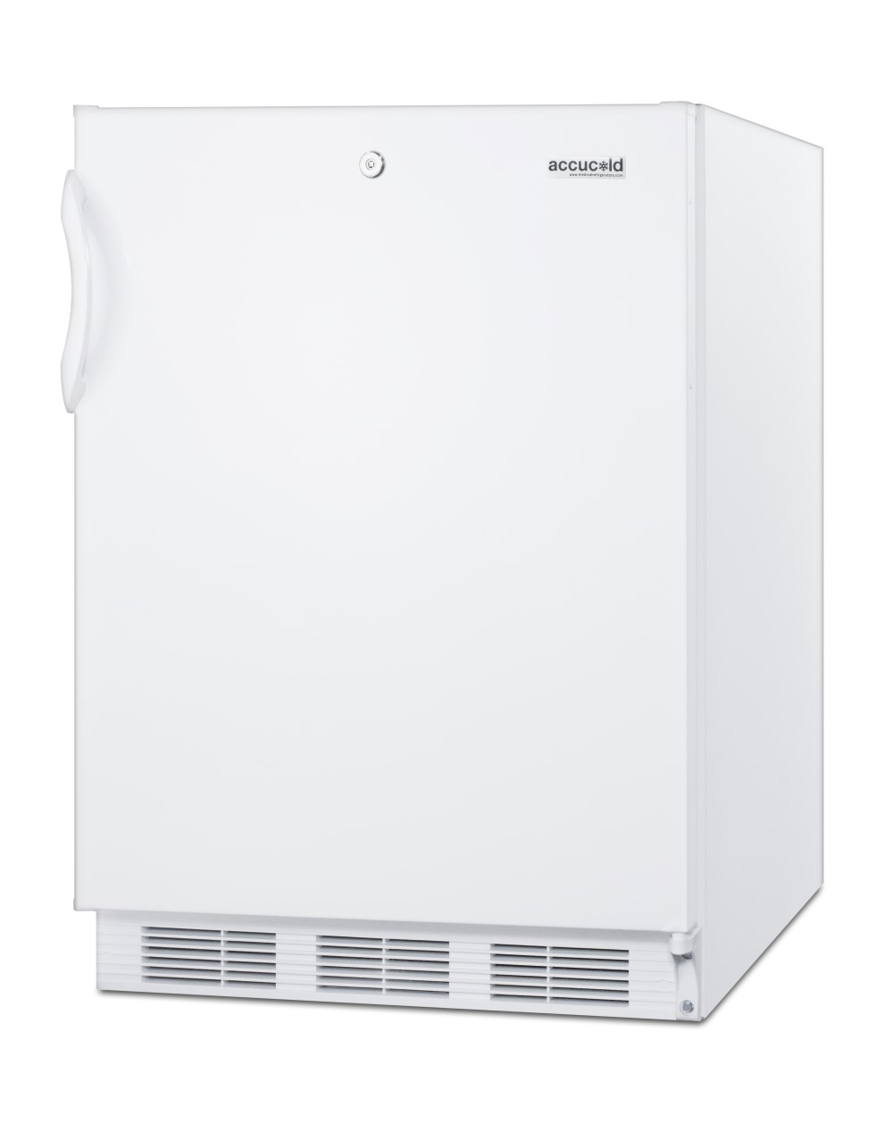 ADA compliant all-refrigerator for freestanding general purpose use, with lock, automatic defrost operation and white exterior